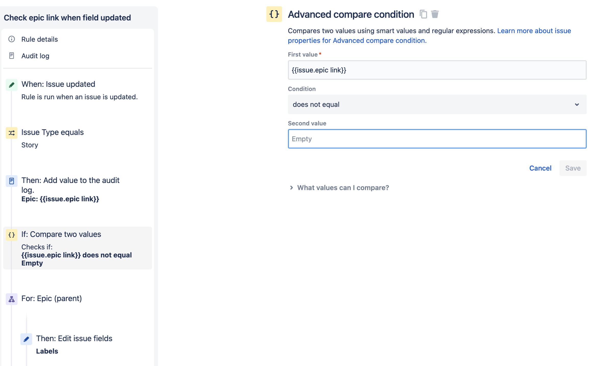 Automation Rule - Update some fields values from Story issue to Epic issue when the Epic link is added to the Story Issue