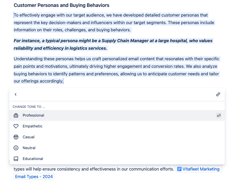 The toolbar is open, showing "Change tone to..." with options for "Professional," "Empathetic," "Casual," and "Neutral"