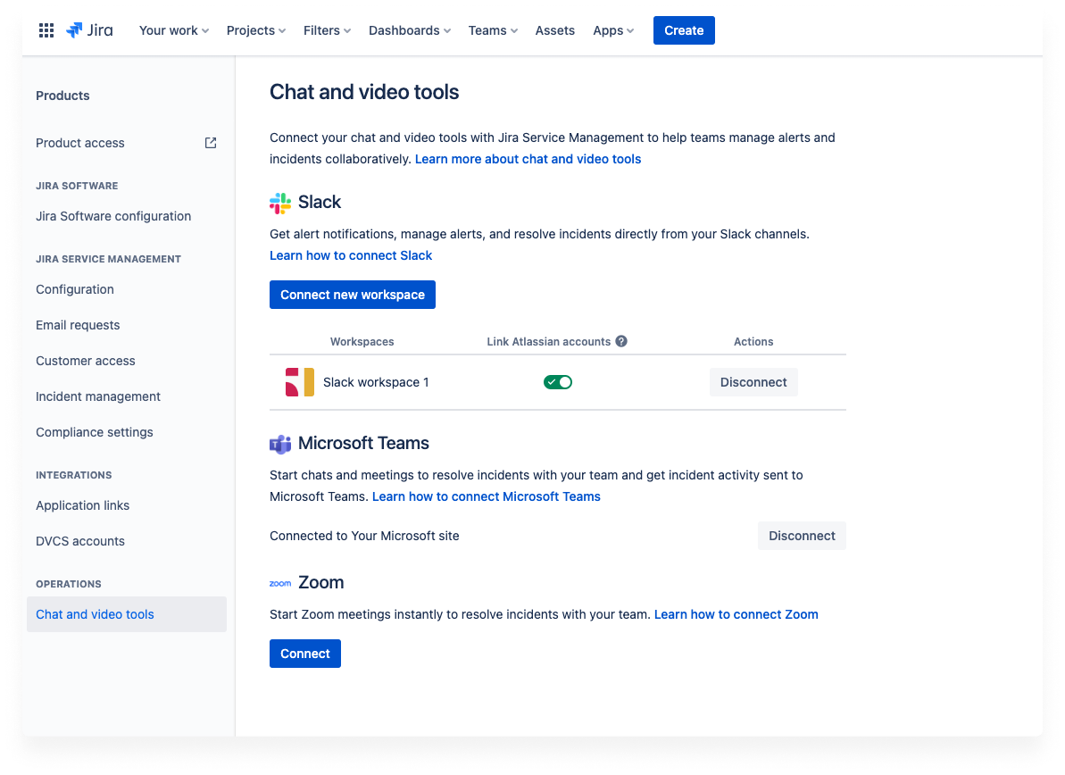 The chat and video tools page in Jira settings where Slack, Microsoft Teams, and Zoom are found.