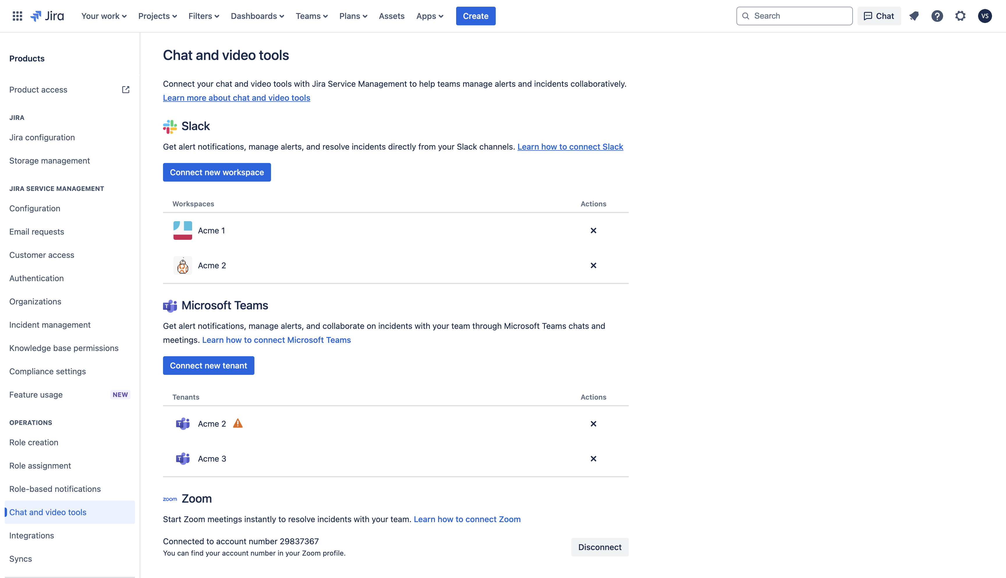 The chat and video tools page in Jira settings where Slack, Microsoft Teams, and Zoom are found.