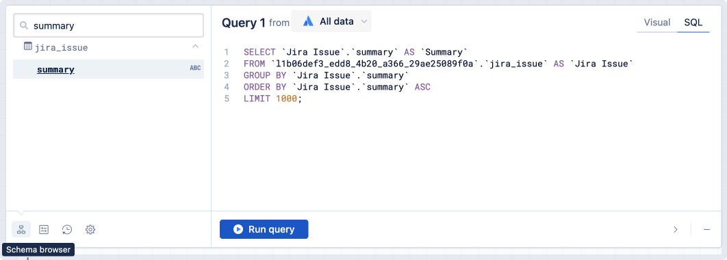 SQL モード クエリのスキーマ ブラウザで「summary」を検索しています。