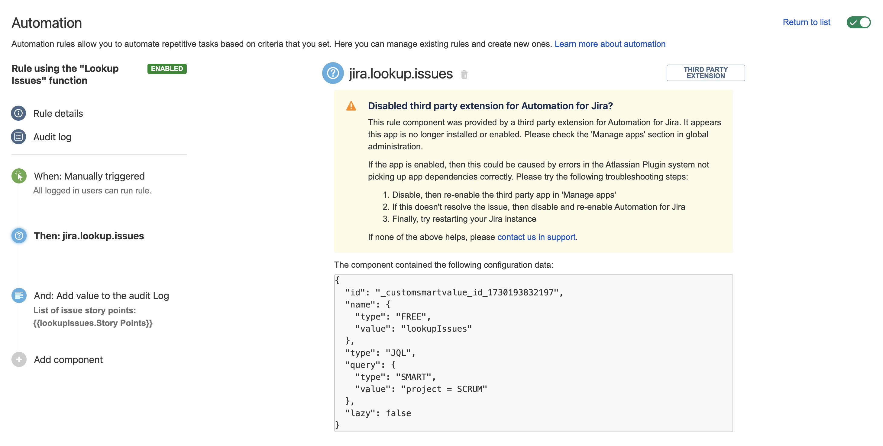 jira.lookup.issues error message screenshot