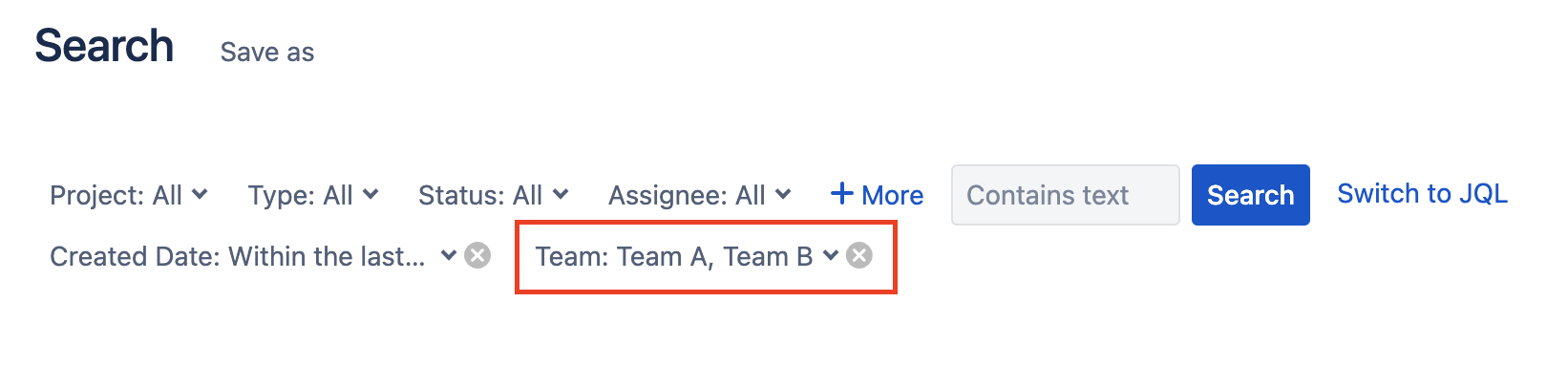 Jira basic search with team filters.