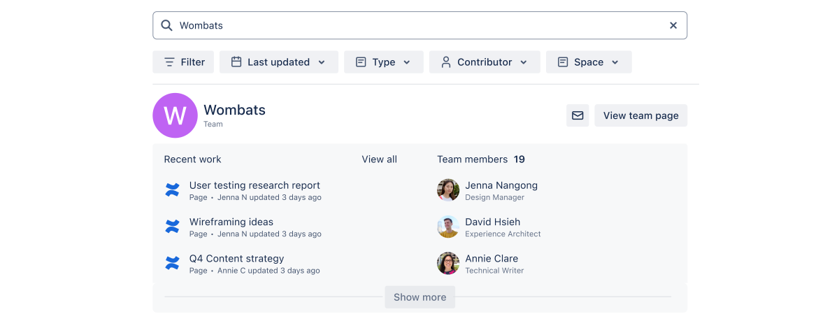 Screenshot of a search for 'Wombats' with a Team card of the Wombats team showing people and recent work