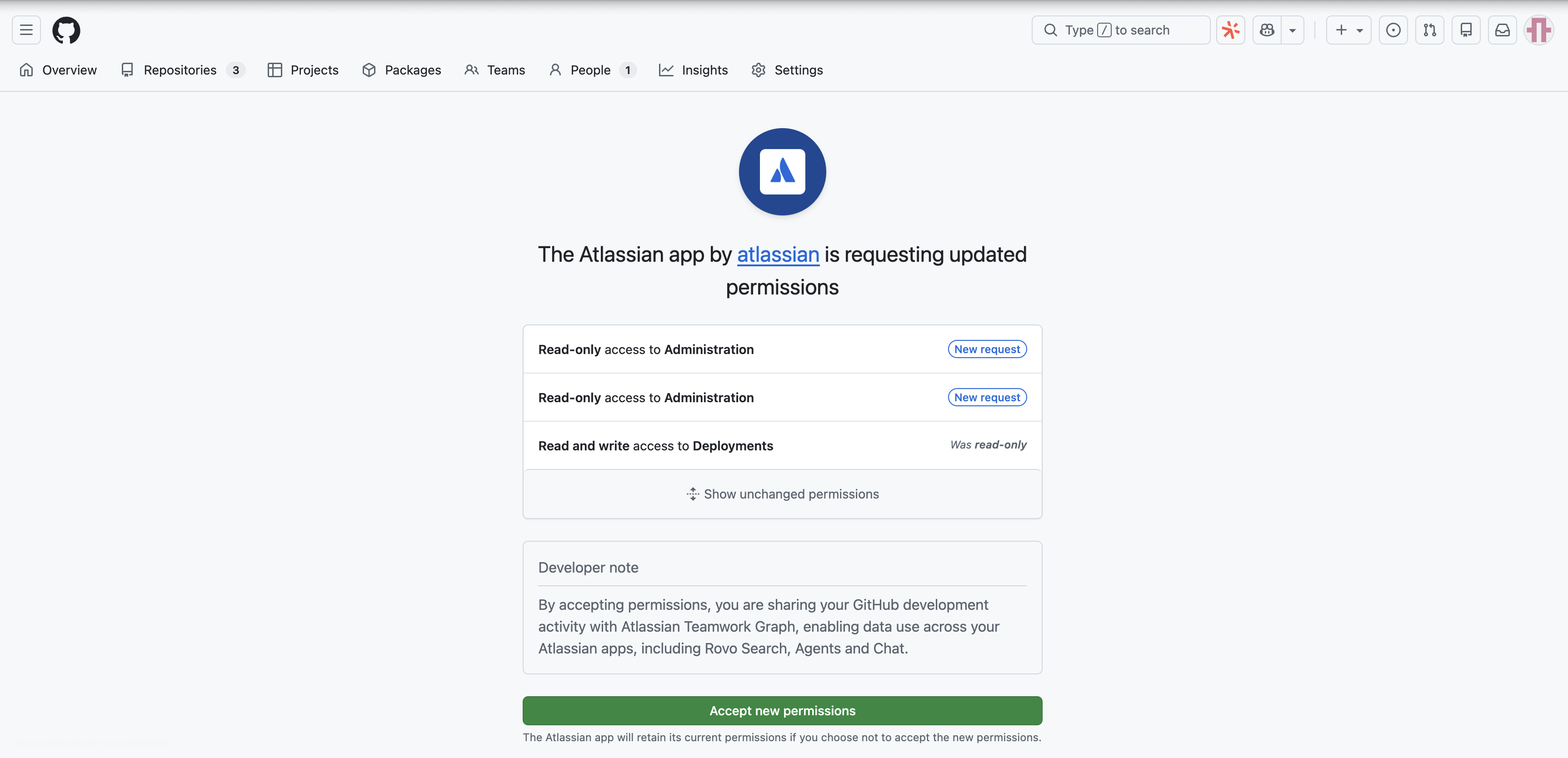 Screenshot of updated permissions consent screen for Atlassian app in GitHub