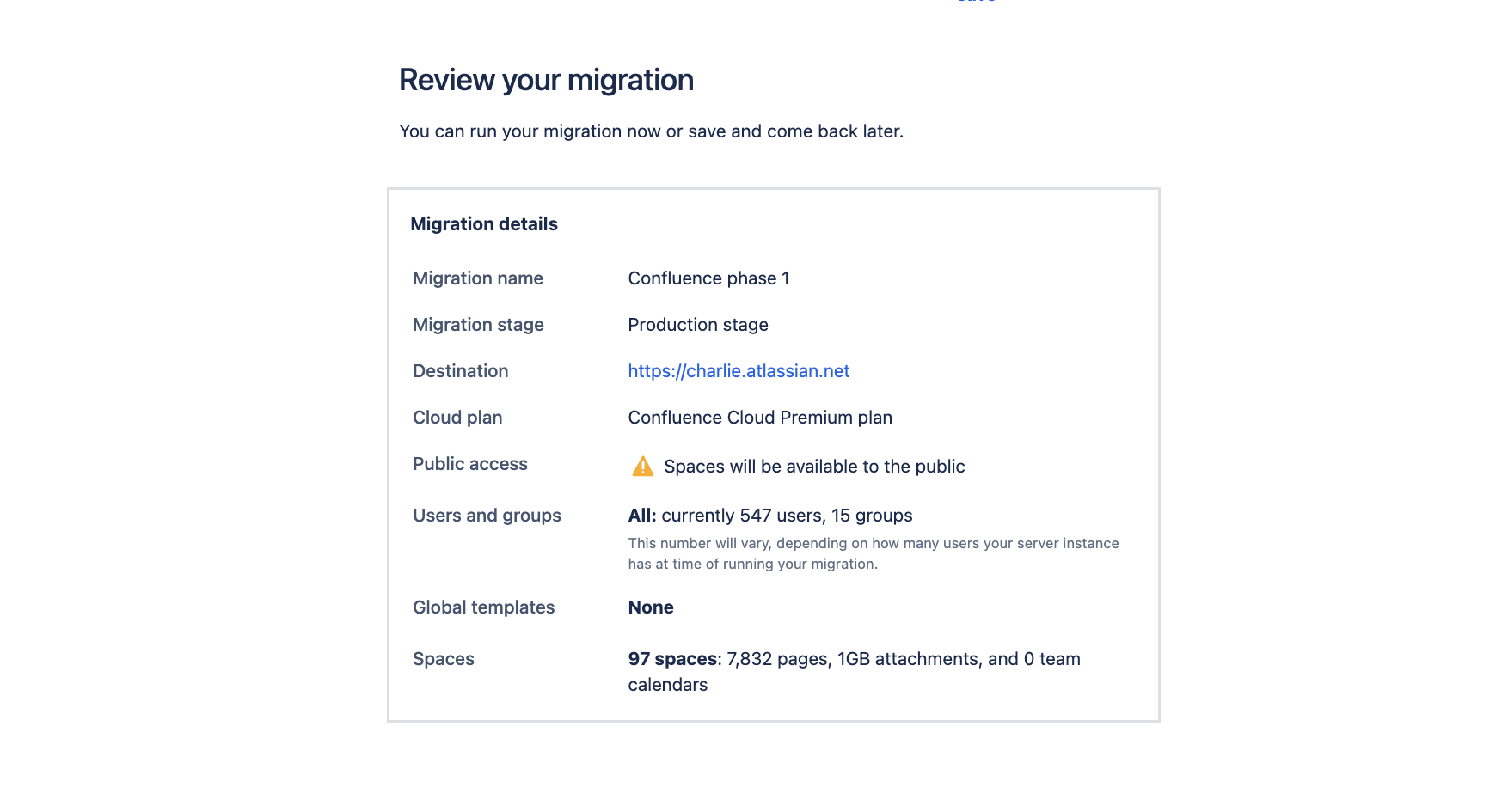'Review your migration' screen from the migration assistant.