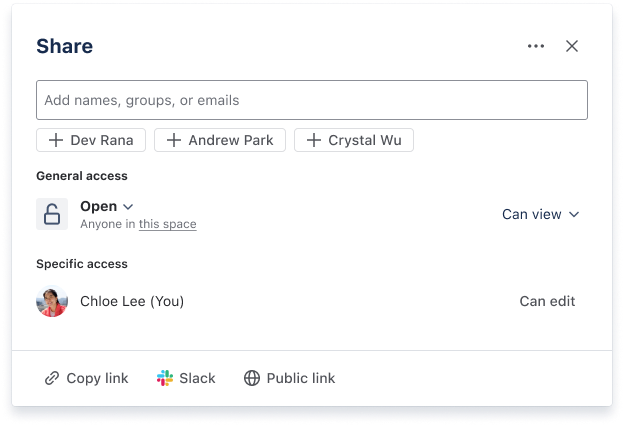 An image of the unified share dialog for sharing Confluence content.