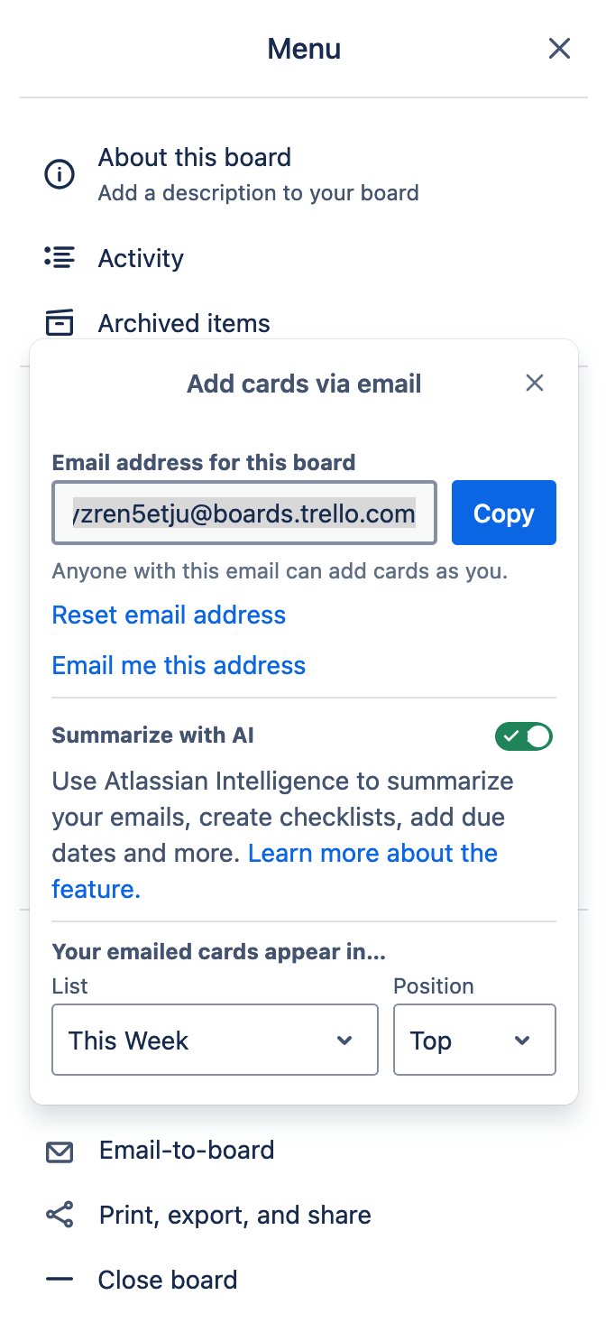 A screenshot showing the Summarize with AI option below the Email address for the Trello board.