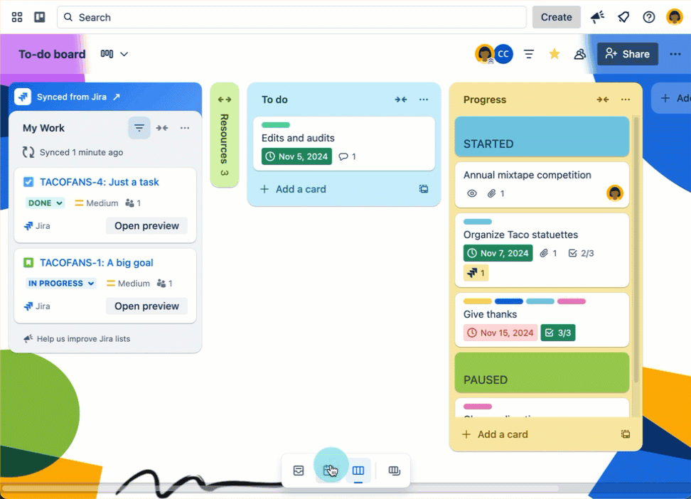 A Trello board is open, then Trello planner is expanded with it into a split screen view.