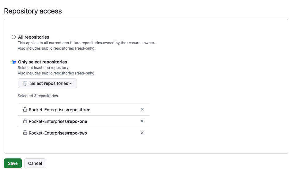 Repository access settings in a GitHub organization, showing a dropdown menu titled "Select repositories"
