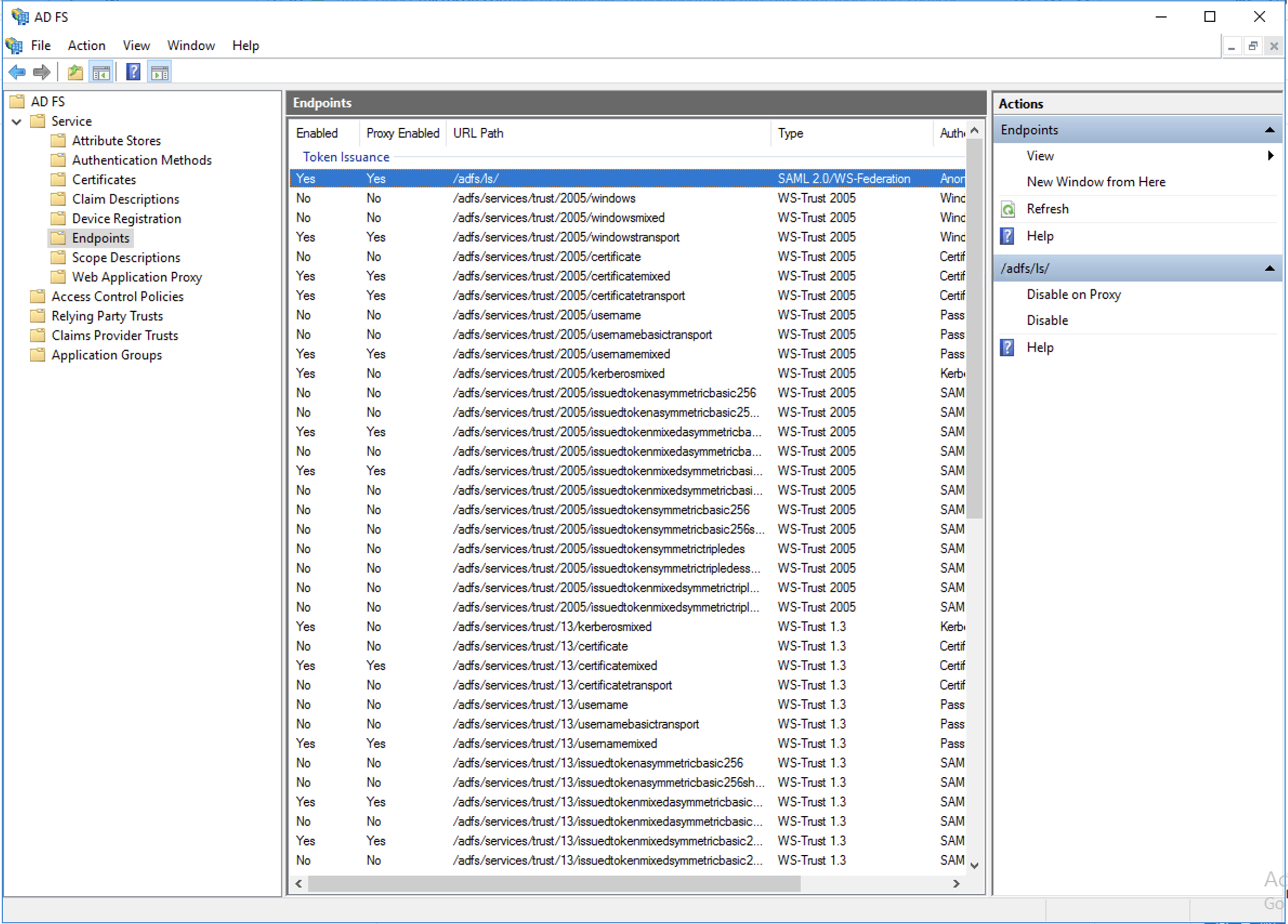 SAML 2.0/WS-Federation type タイプを含む、AD FS サービス ディレクトリの下にあるすべてのエンドポイントの画面