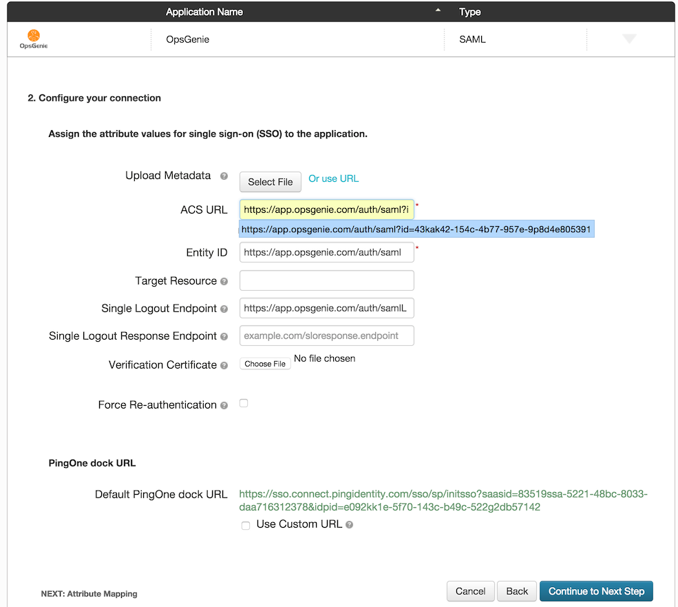 Opsgenie SSO の PingOne 設定の SAML 設定のサンプルを示す画像。