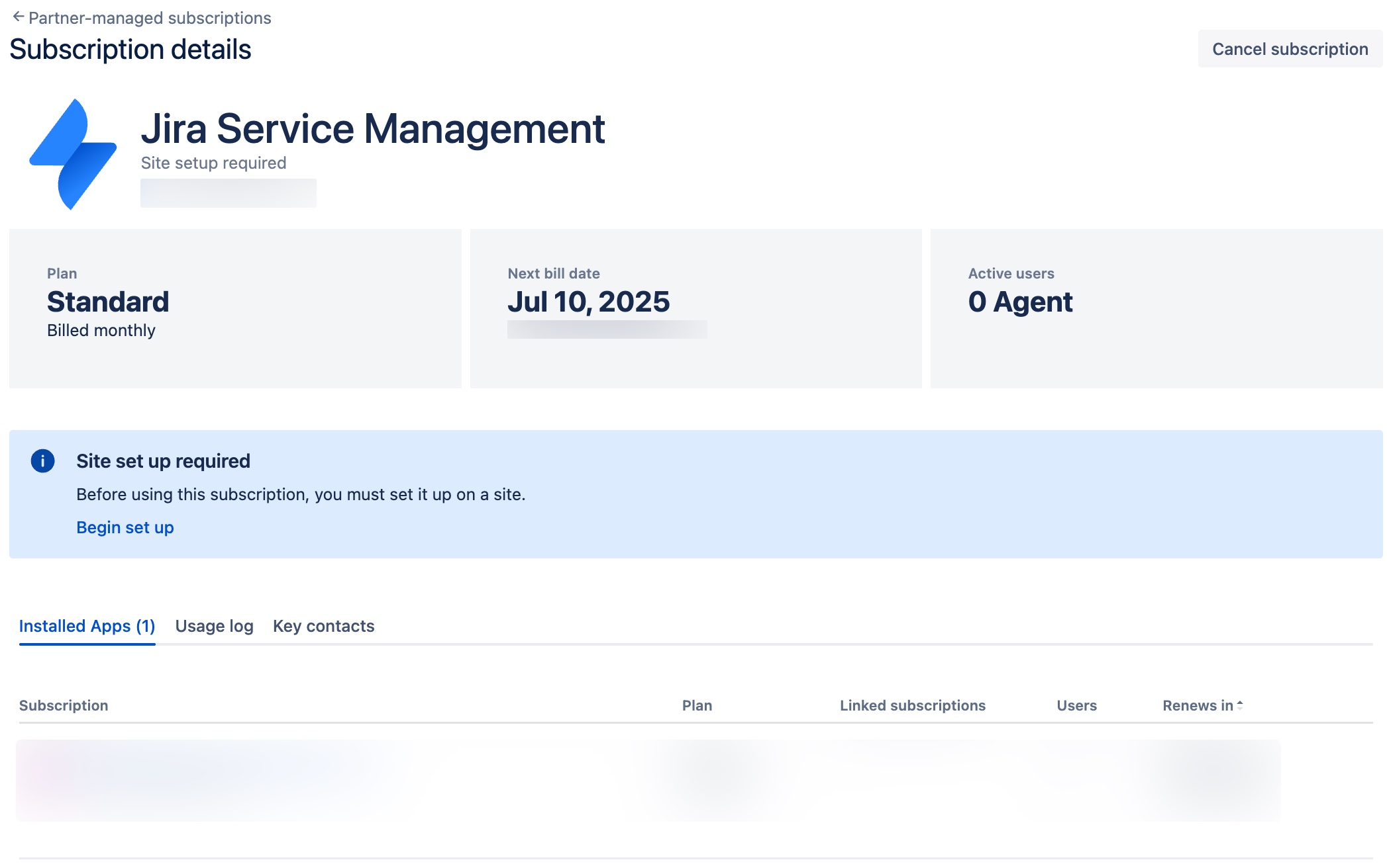 Subscription details page of a partner-managed subscription