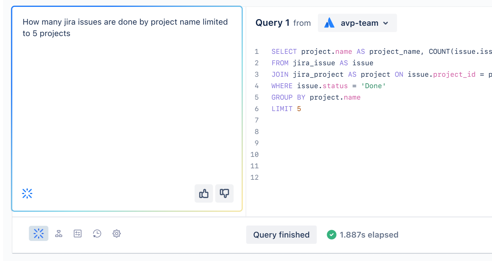 An example of interacting with Atlassian Intelligence in Atlassian Analytics