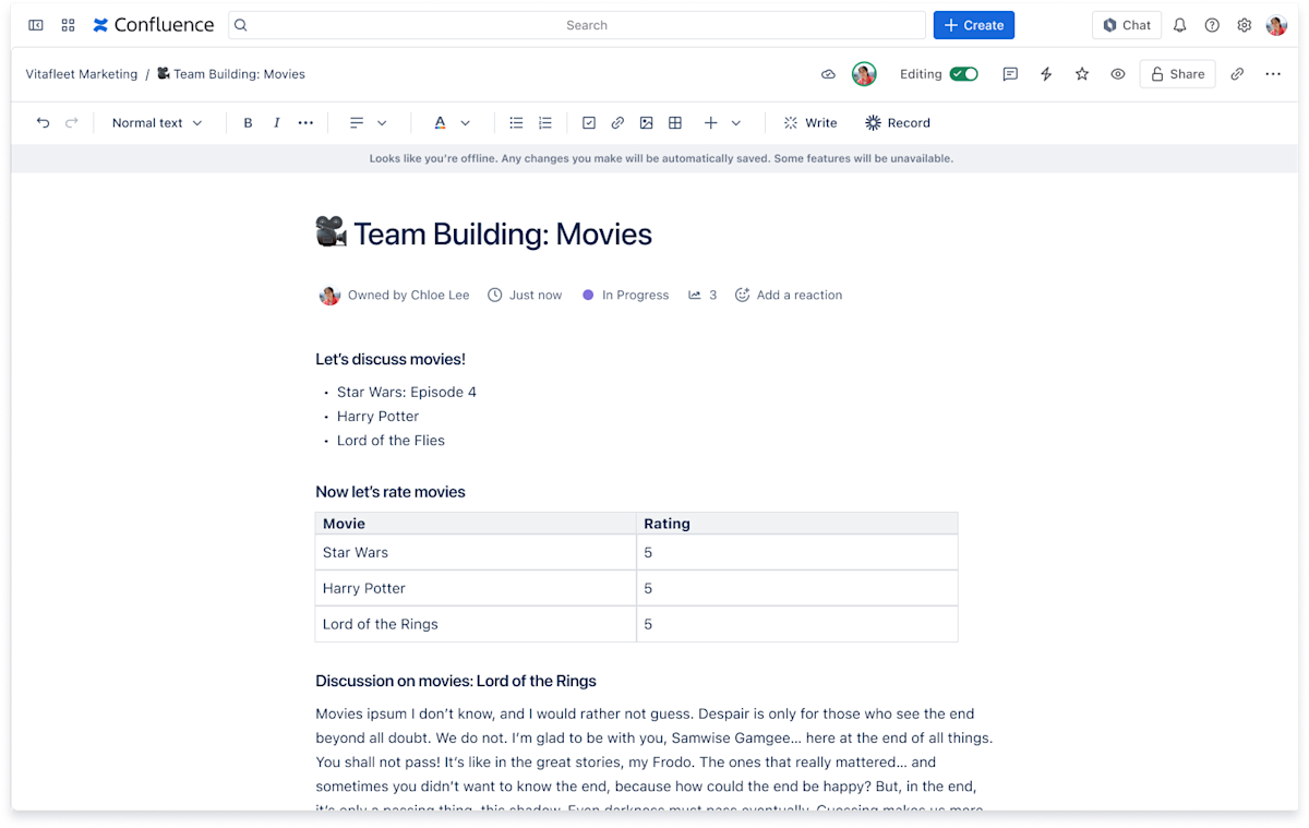 A gray message shows beneath the editor toolbar when you're offline.