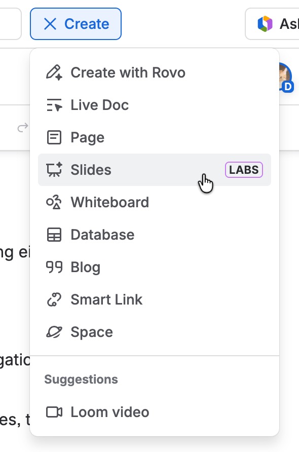 The Create menu with Slides highlighted.