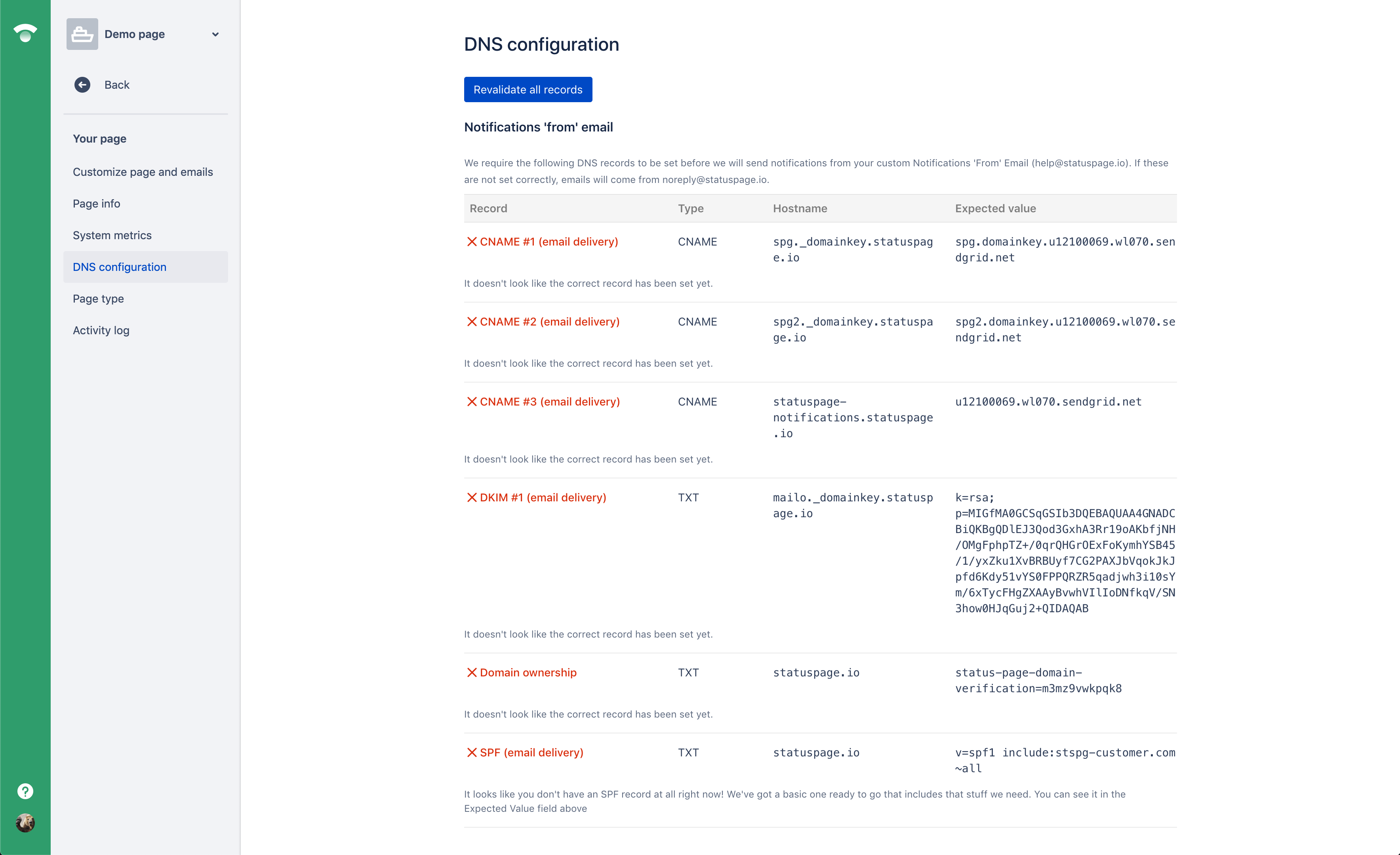 The DNS configuration page with CNAME errors