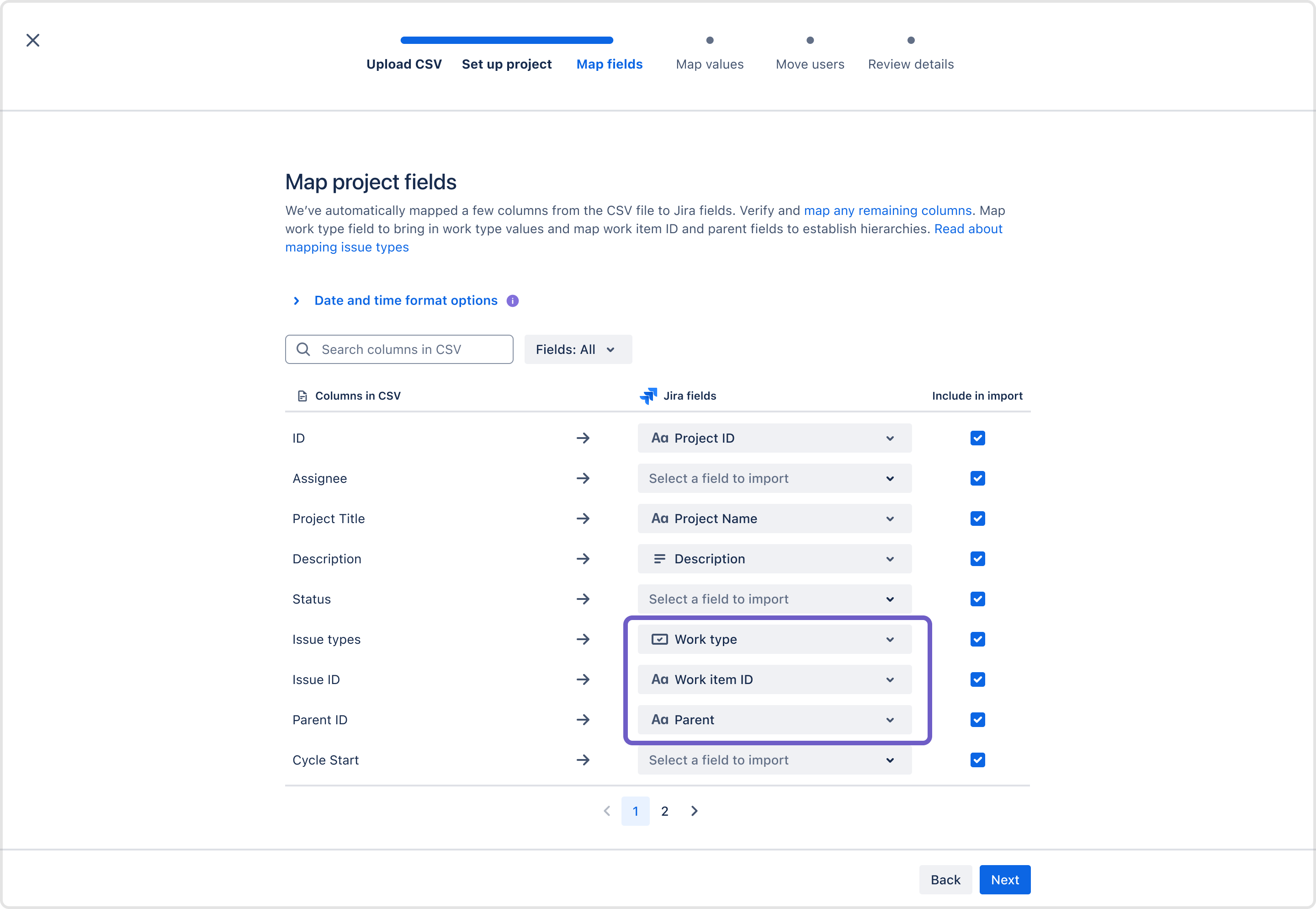 Map project fields screen in which the issue ID, parent, and issue type fields are mapped.