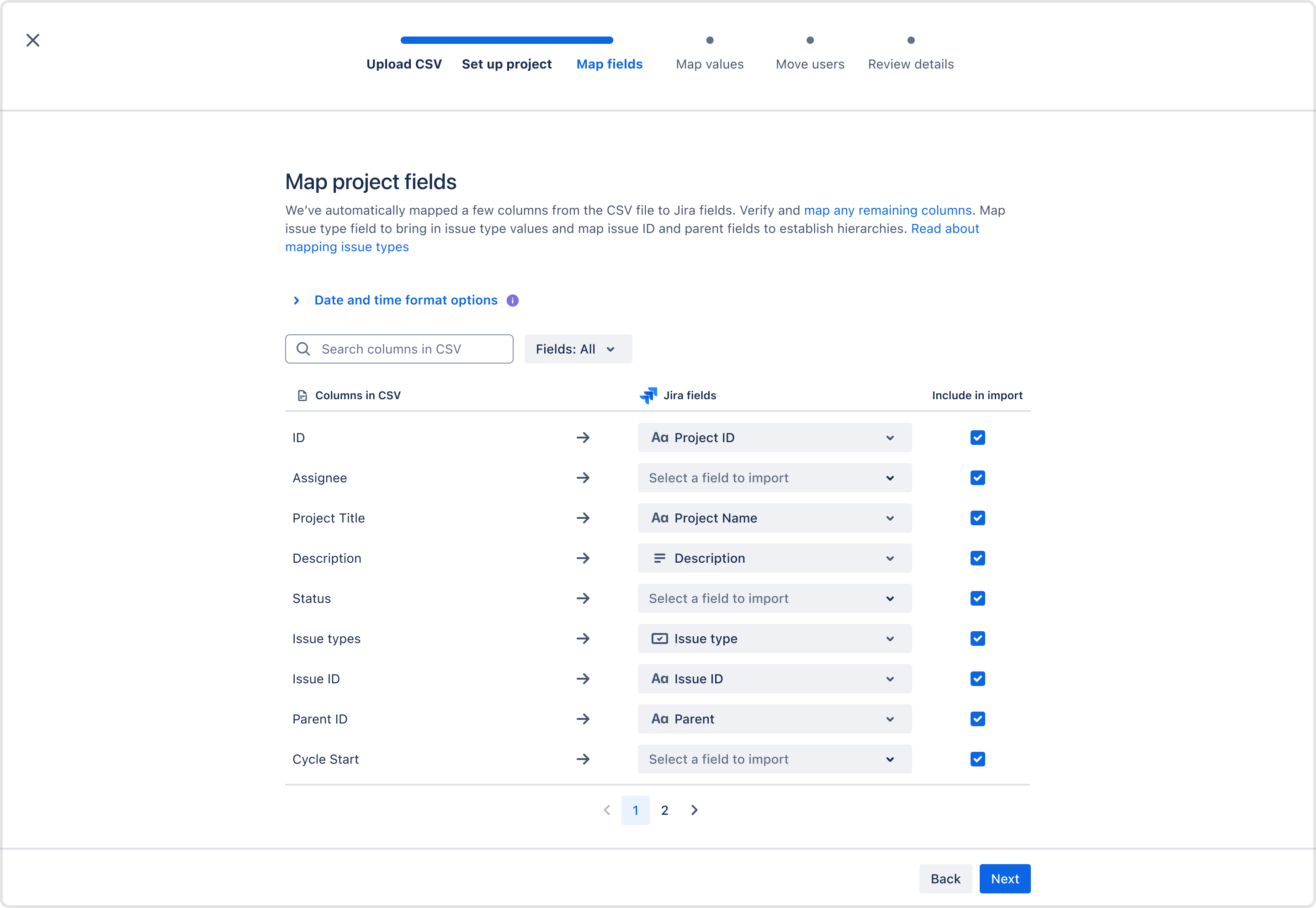 Map project fields screen in which the issue ID, parent, and issue type fields are mapped.