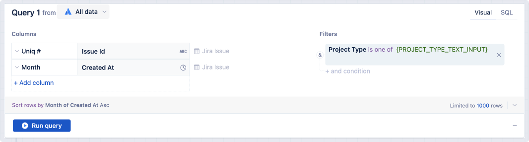 Using a Text input control to filter the Project Type column in a visual mode query.