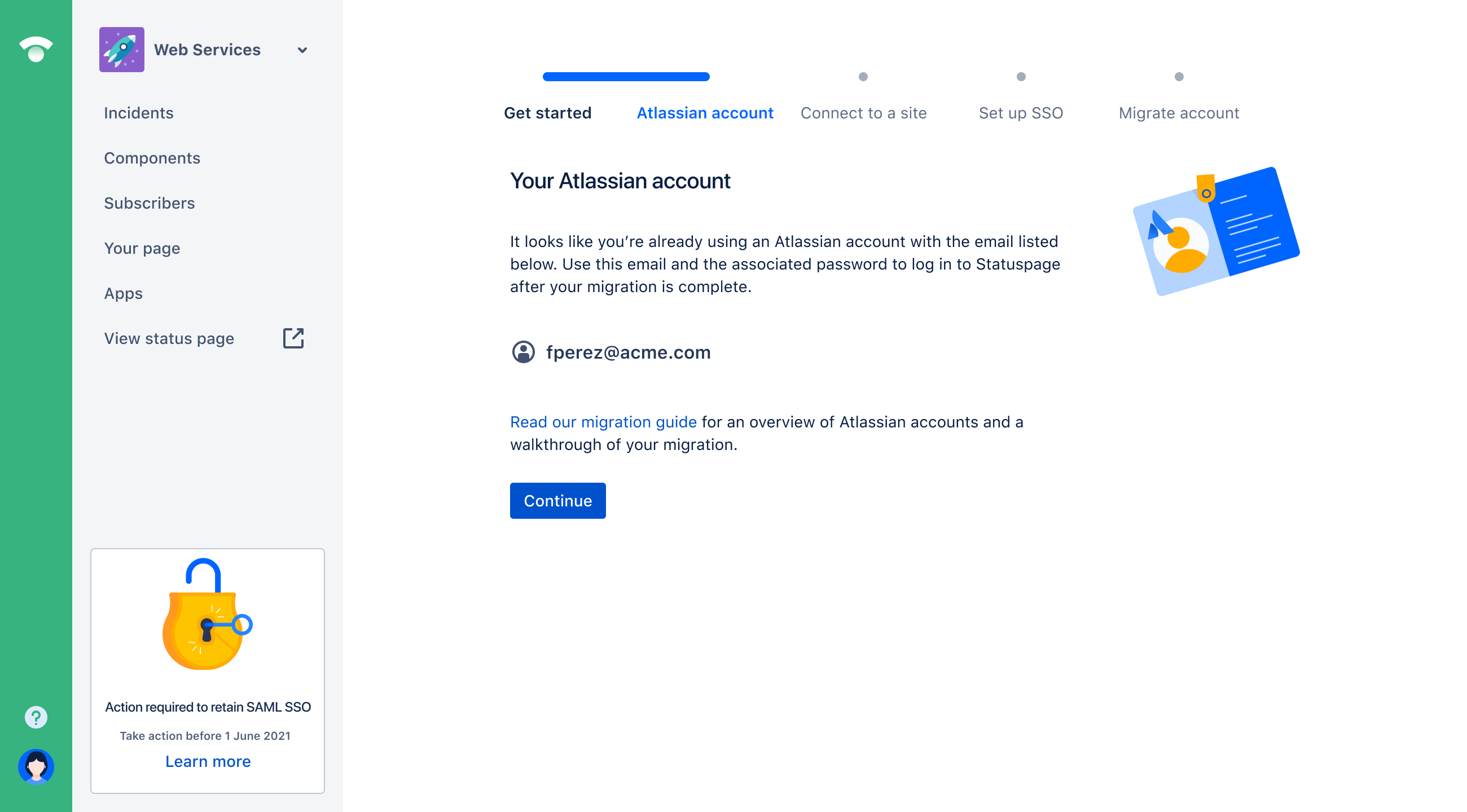 Atlassian アカウント情報を表示する移行のステップ 2 が表示されます