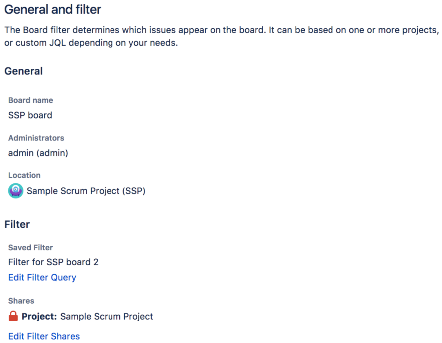 The board settings screen of a Scrum board in the General and filter tab