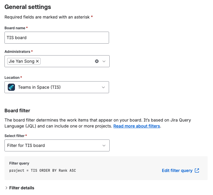 The board settings screen of a Scrum board in the General and filter tab
