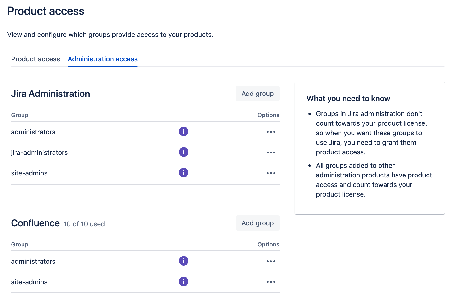 Administration access tab on product access screen. You can specify which groups get product admin permissions