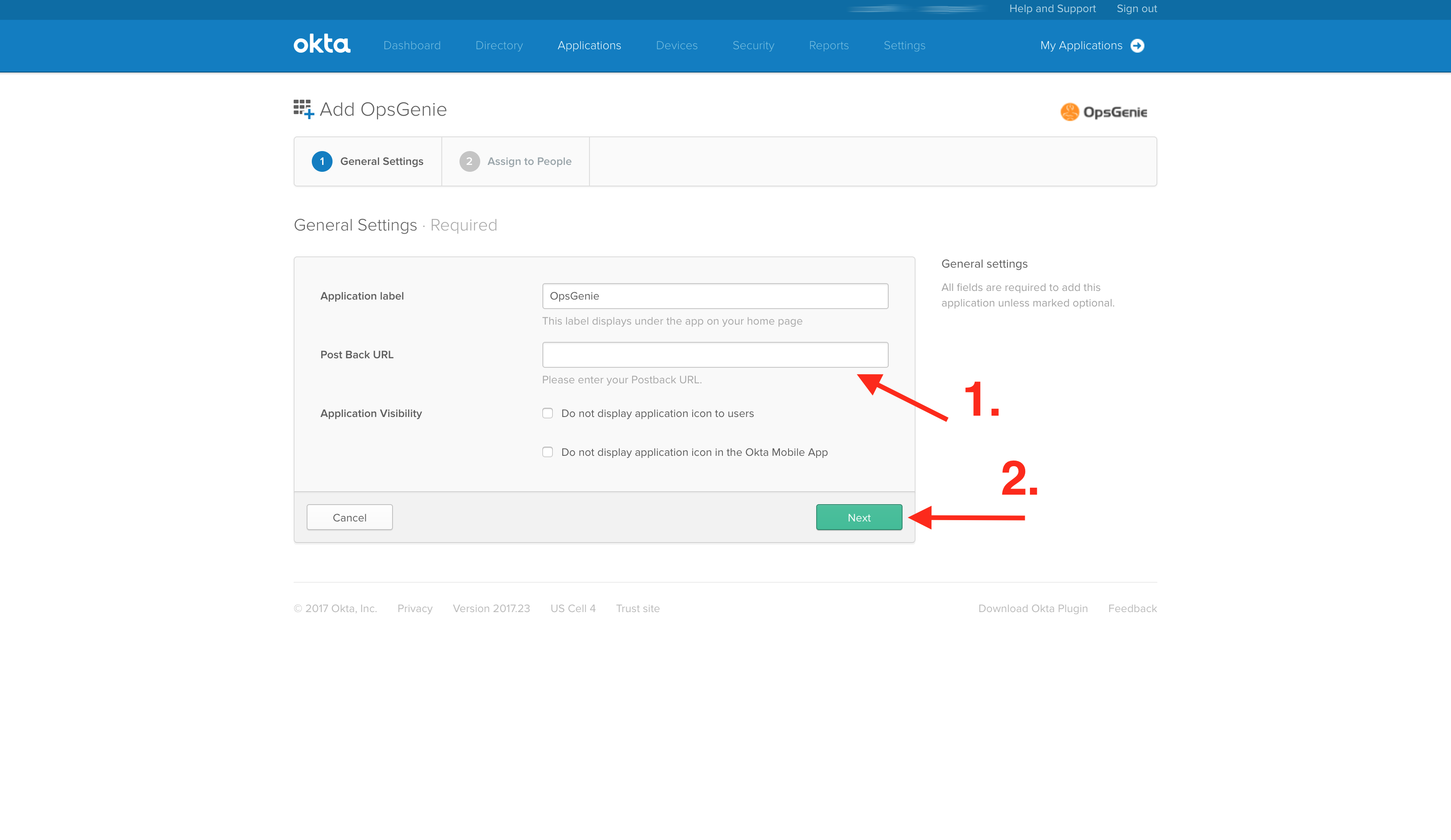An image showing where to paste the Opsgenie URL in an Okta account to activate SSO.