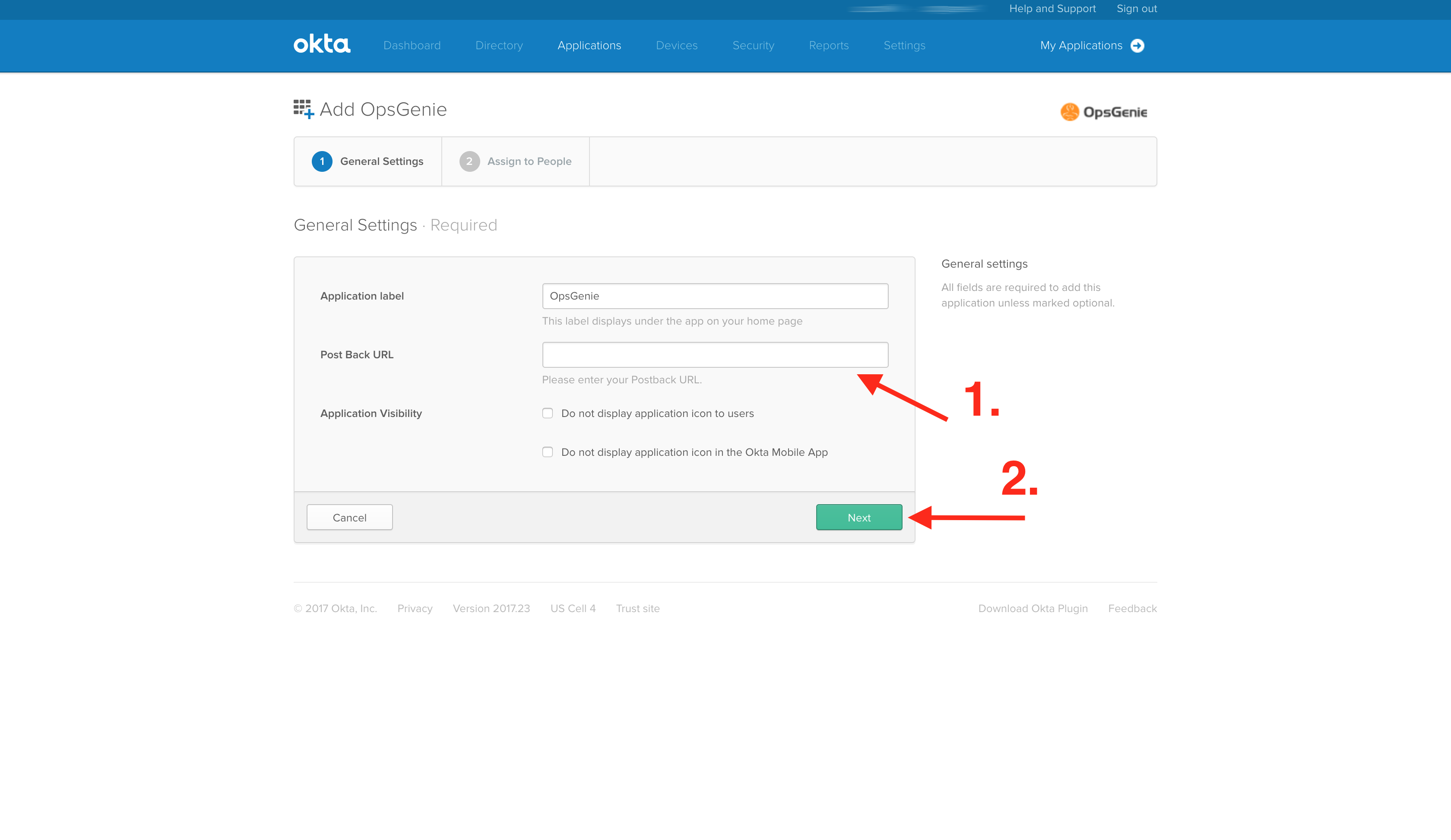 Okta アカウントで Opsgenie URL を貼り付けて SSO をアクティブにする場所を示す画像。