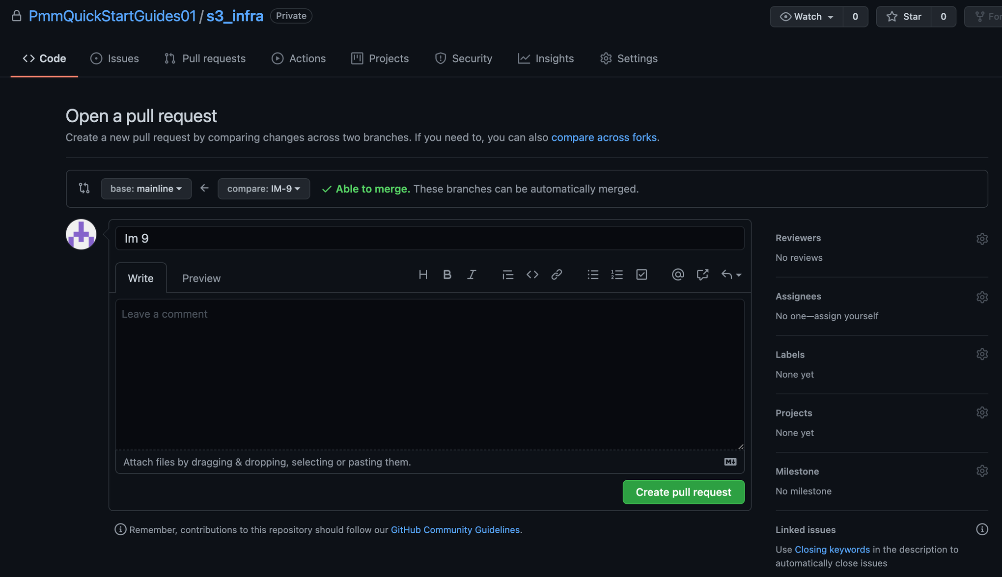 screenshot of open pull request in github