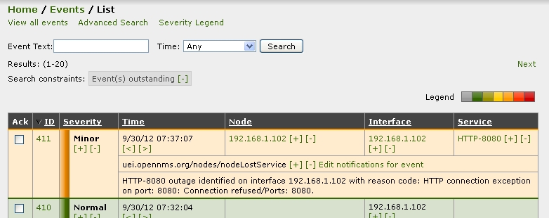 OpenNMS event list