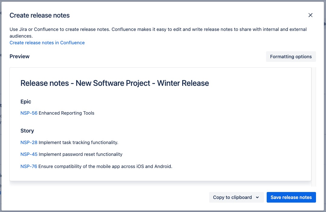 The create release notes in Jira window