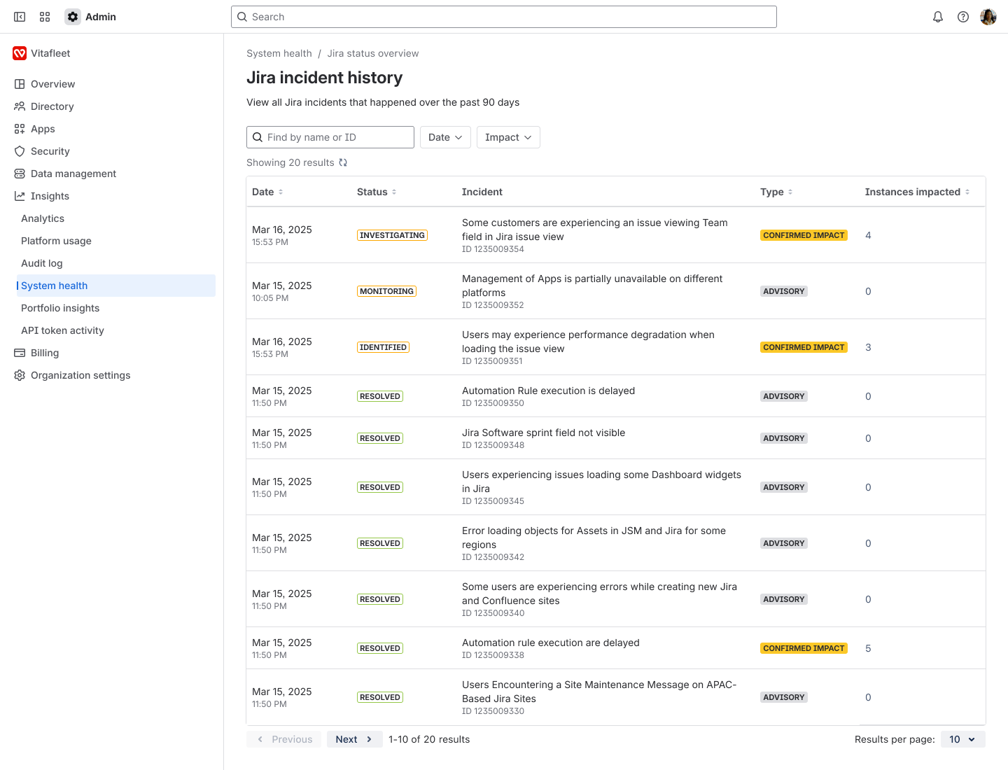 Incident history page for Jira