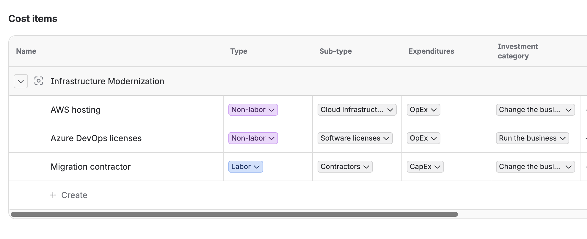 creating three new cost items in the grid