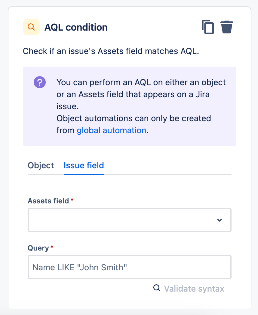 Jira Service Management 自動化の AQL 条件コンポーネント