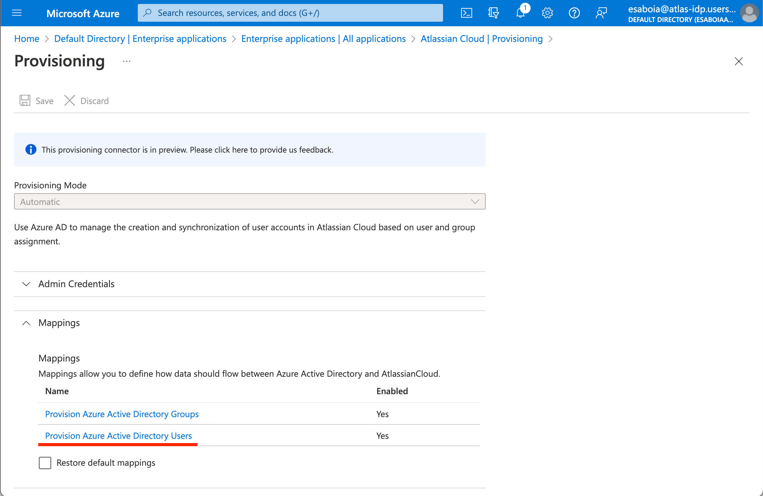 Screenshot of Microsoft Azure AD highlighting a section of the provisioning page.