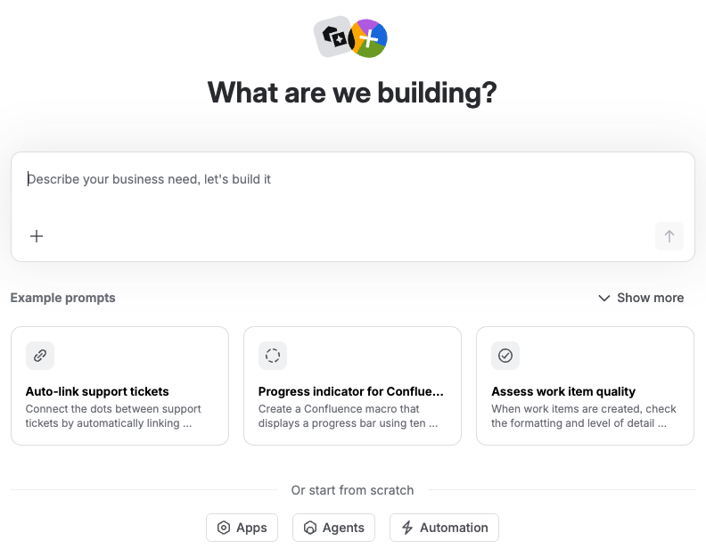 Rovo Chat interface says "Describe your business need, let's build it". Clickable prompt cards are below.