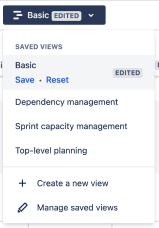 Advanced Roadmaps for Jira Software Cloud の [新しいビューとして保存する] があるドロップダウン メニュー