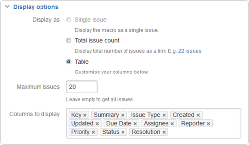 See the display options available with the Jira macro that let you control how the information is presented