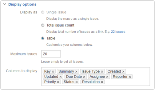 情報の表示方法を制御できる Jira マクロで利用可能な表示オプションをご確認ください。