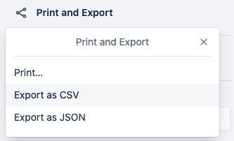 Print and Export window with the Export as CSV option selected in Trello