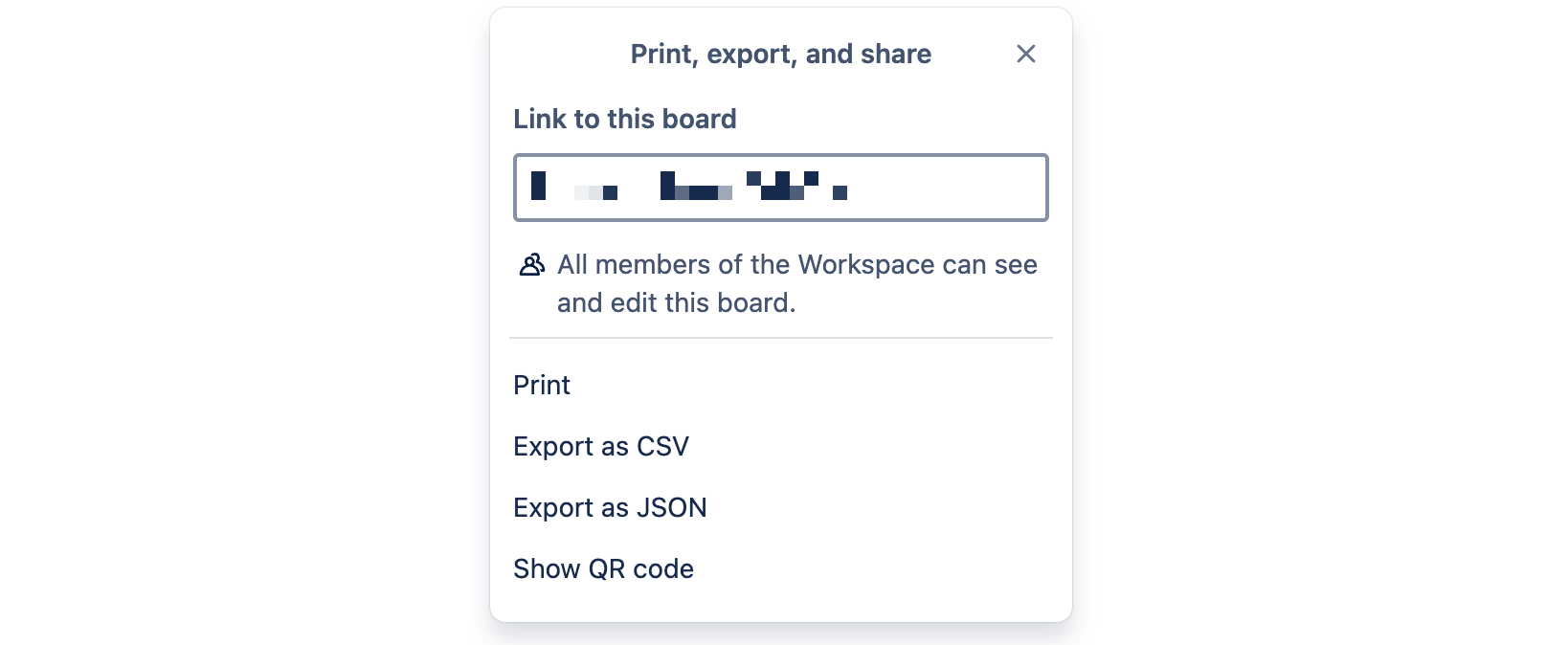 Print, export, and share menu with the export as CSV option selected in Trello.