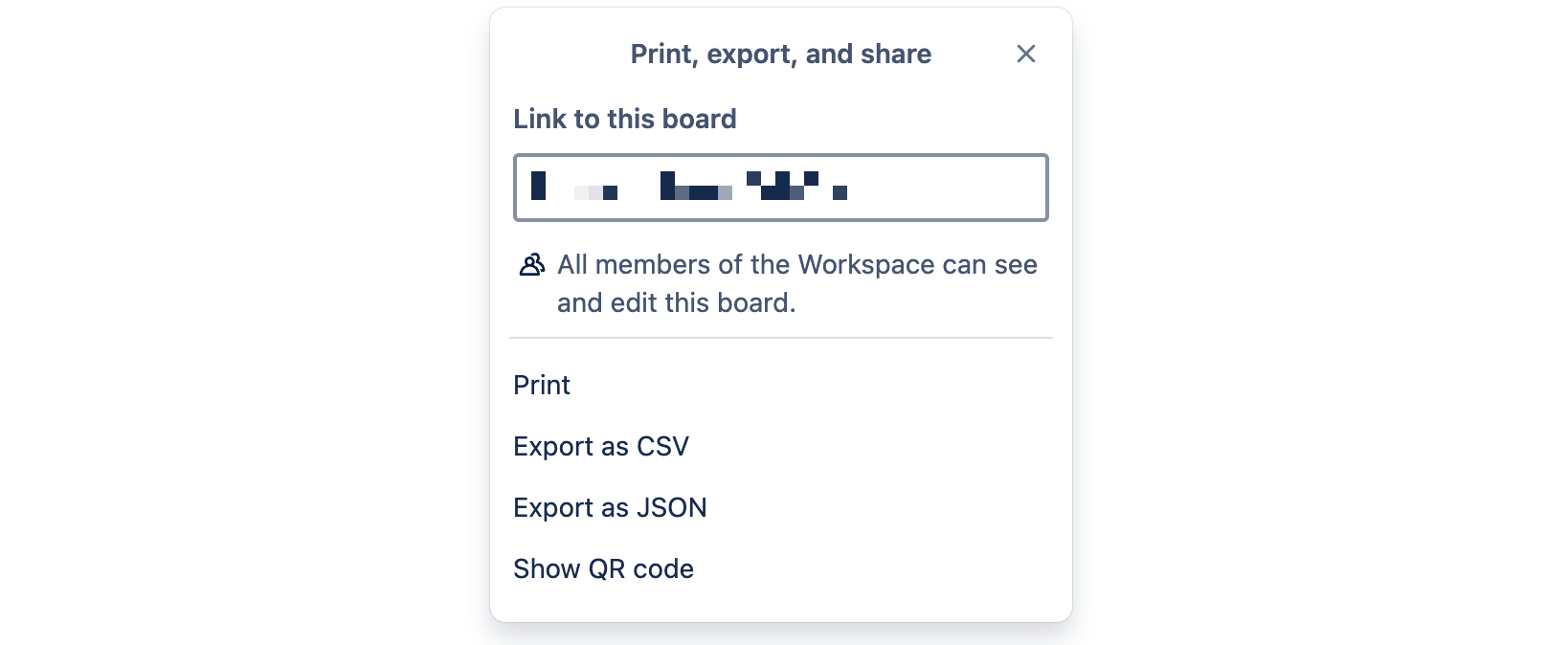 Trello の [Print, Export, and Share (印刷、エクスポート、共有)] メニュー。[CSV としてエクスポート] オプションが選択されている。
