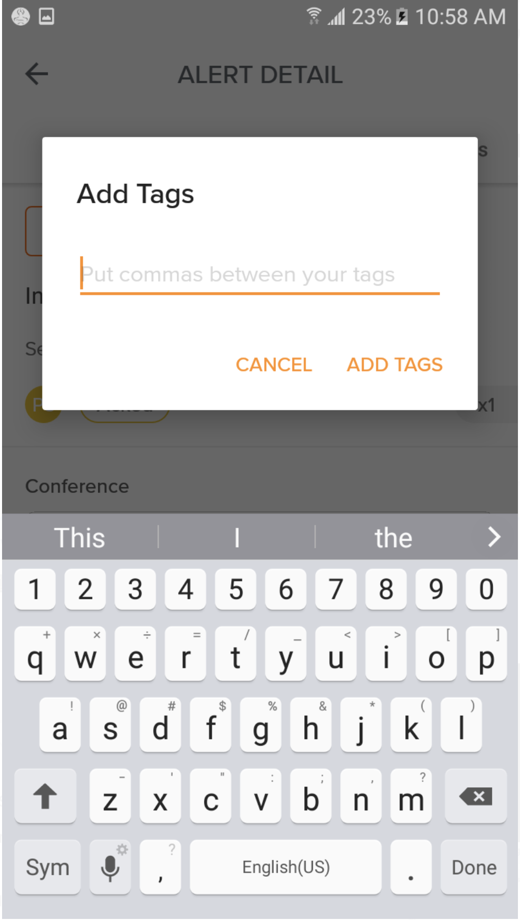 A screenshot showing how to add note to an alert in Opsgenie's Android app.