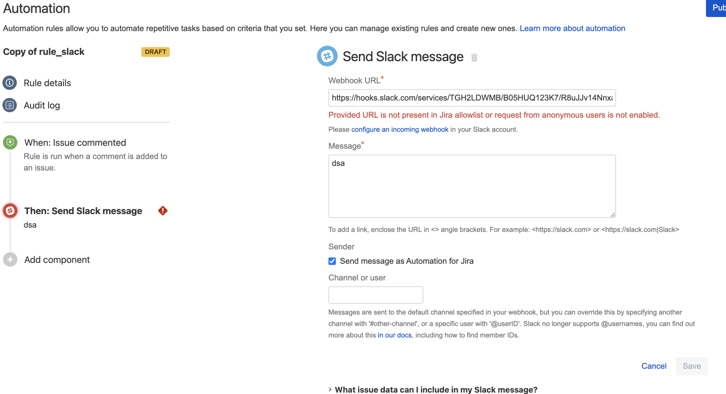 Send Slack message in automation rule shows error "provided url is not present in jira allowlist"