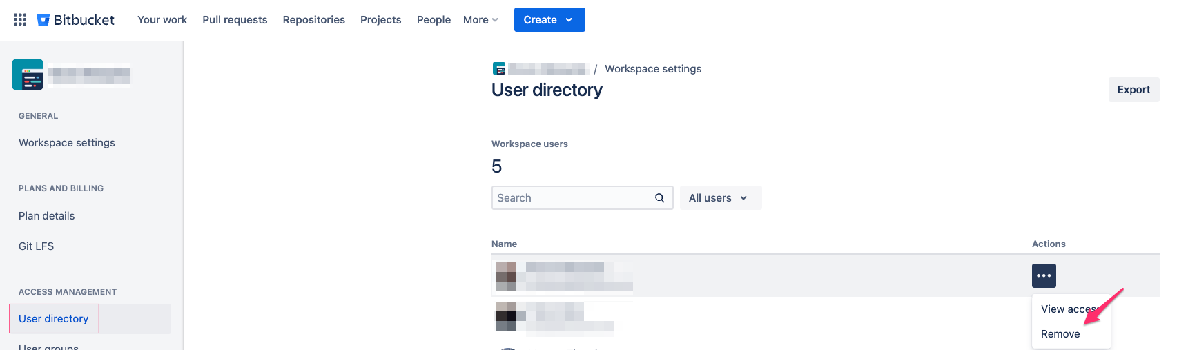 The User directory Actions menu allows you to remove a user