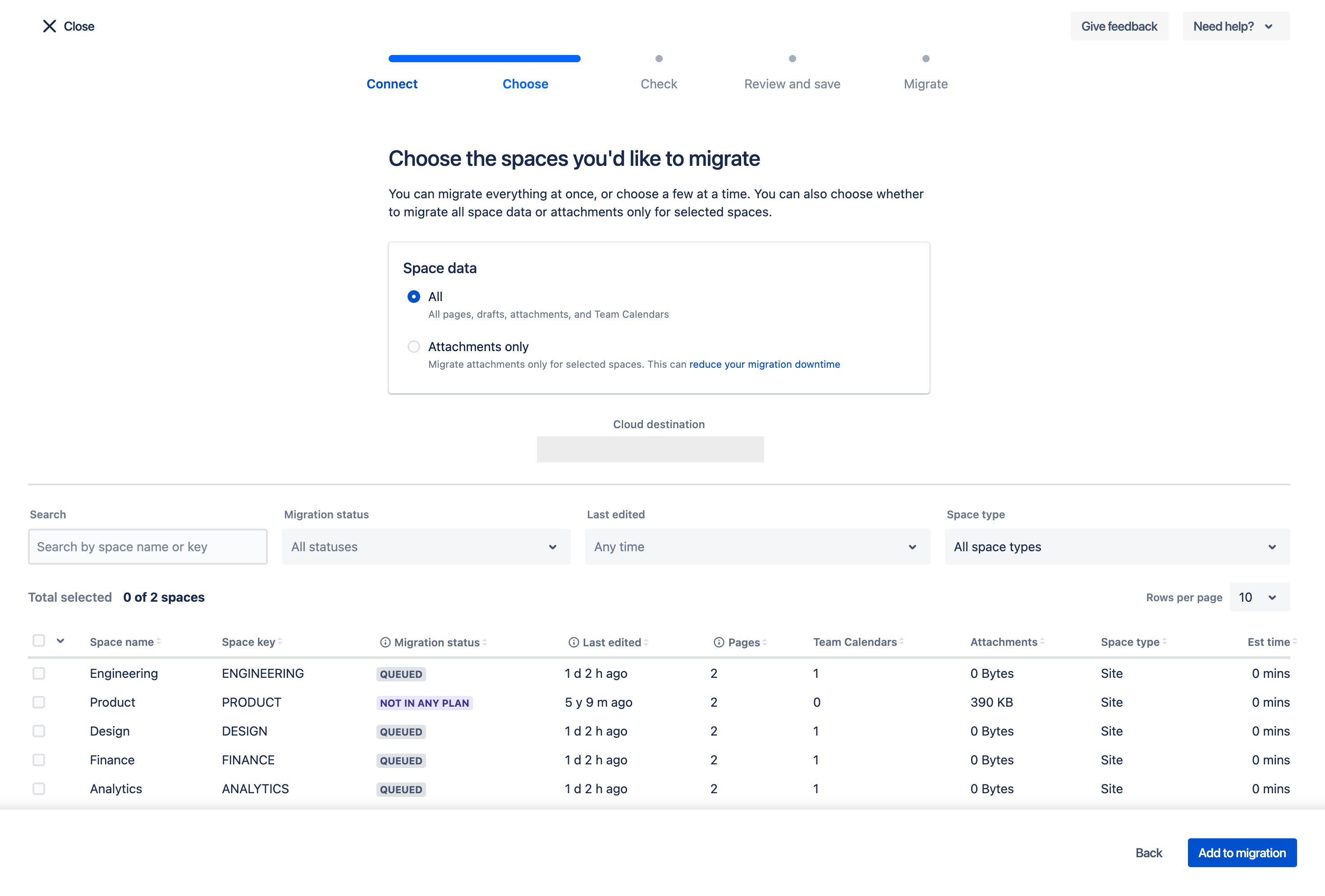 Select space data to migrate, either select all components or migrate the attachments associated with the selected spaces