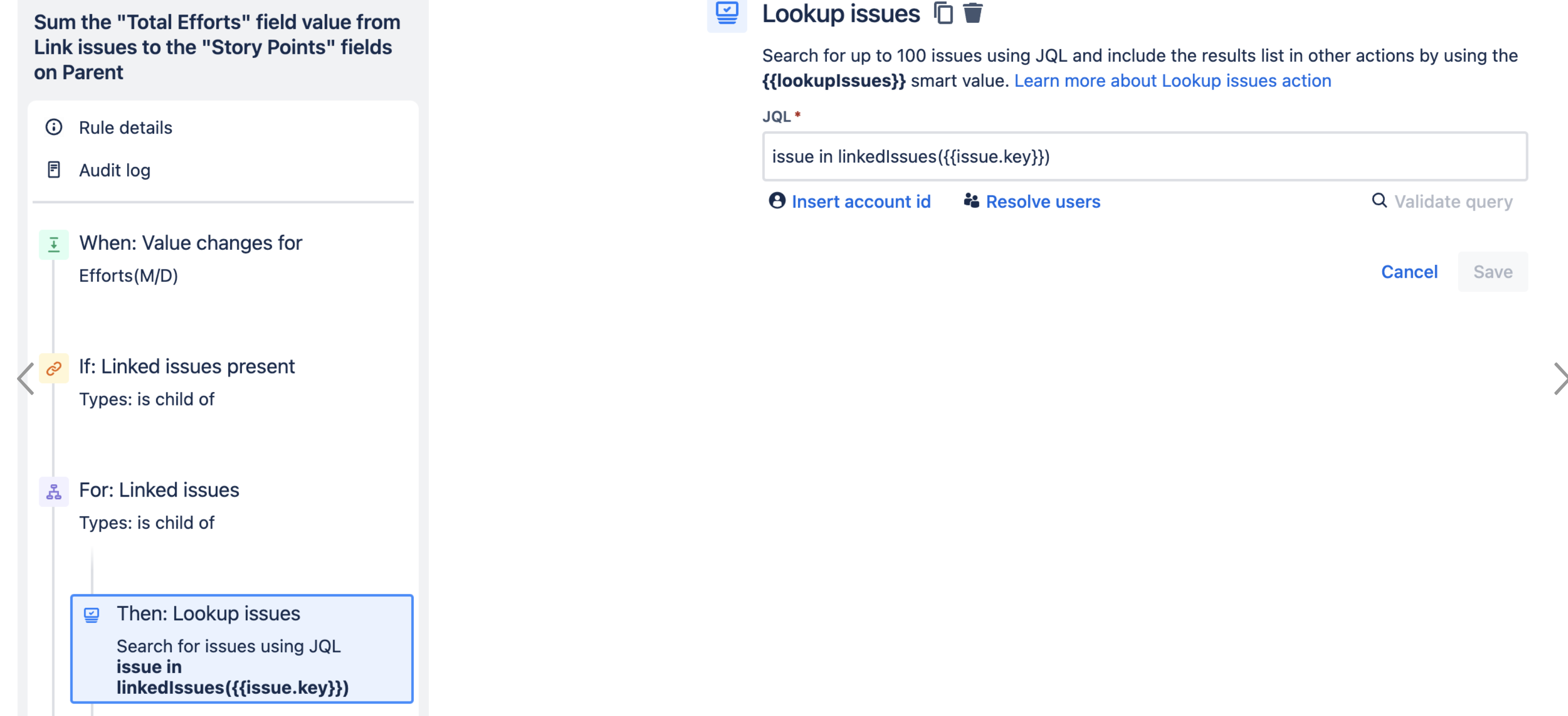 Sum the "total efforts" field value from linked issues to the story points field on Parent automation rule
