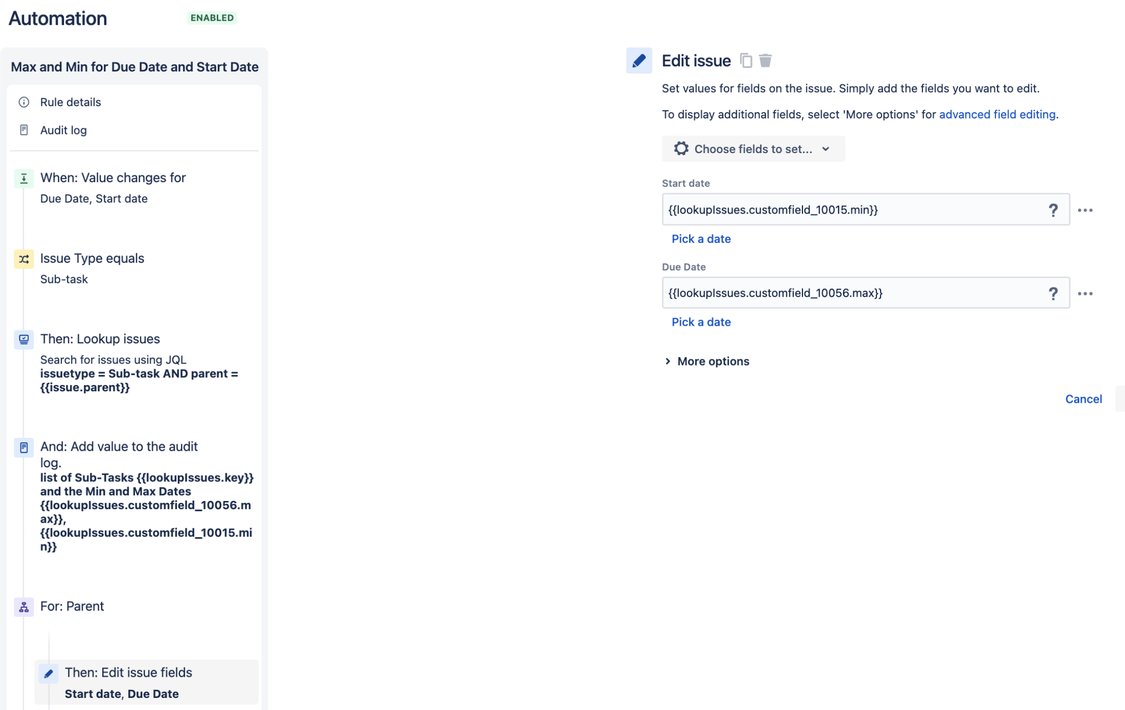 Set Start date as min and end date as max date using automation